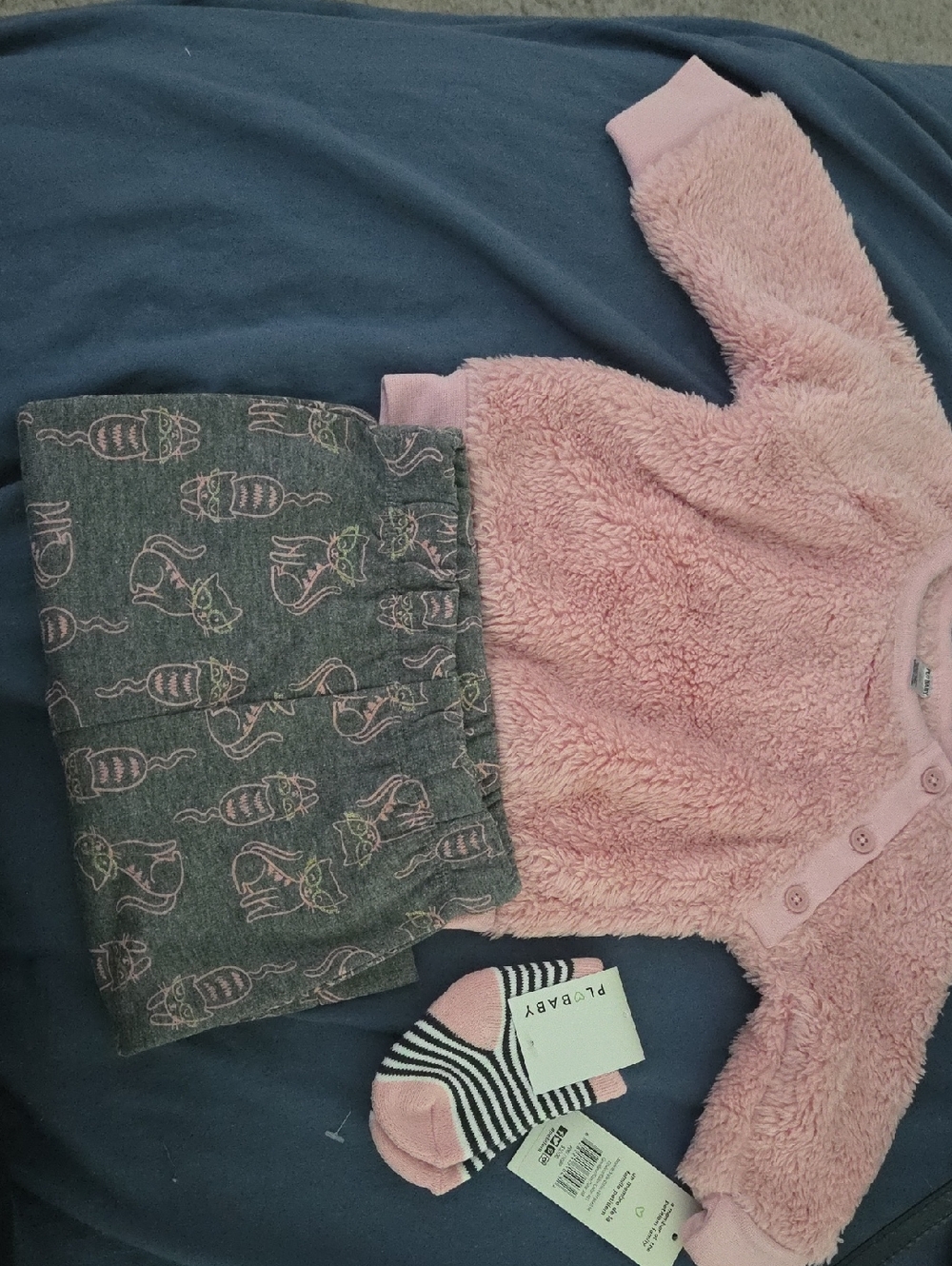 Kids Pink Plush Top and Gray Cat-Print Bottoms Matching Set
